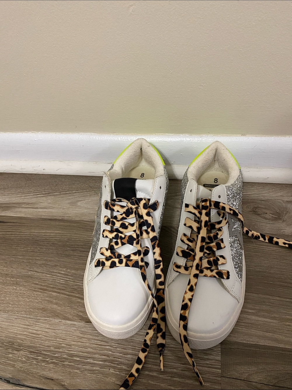 NOBO White Glitter Sneakers with Leopard Laces and Neon Heel
